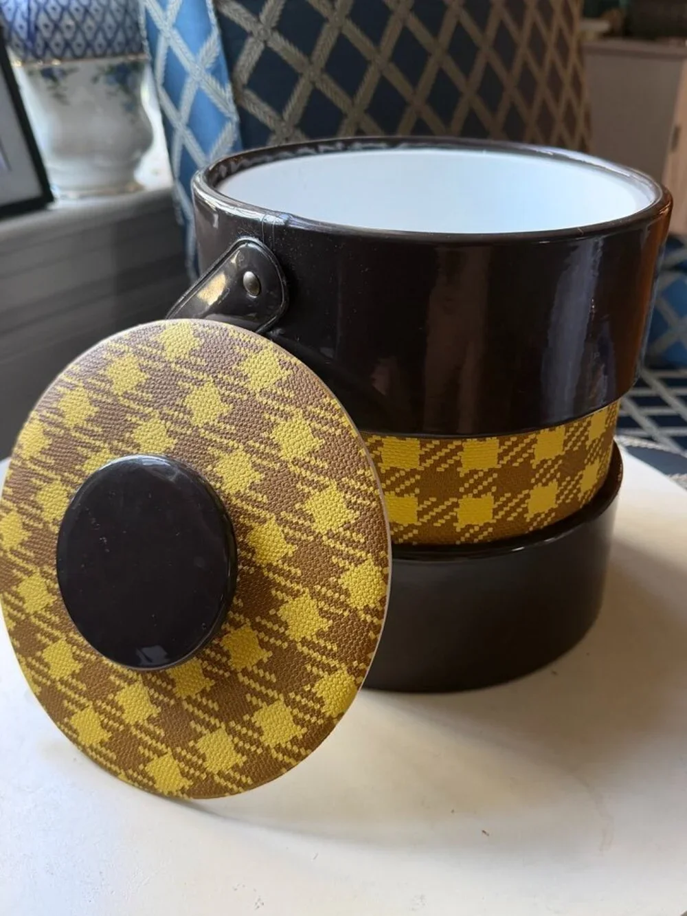 Vintage Retro brown & yellow houndstooth plaid mid century modern ice bucket